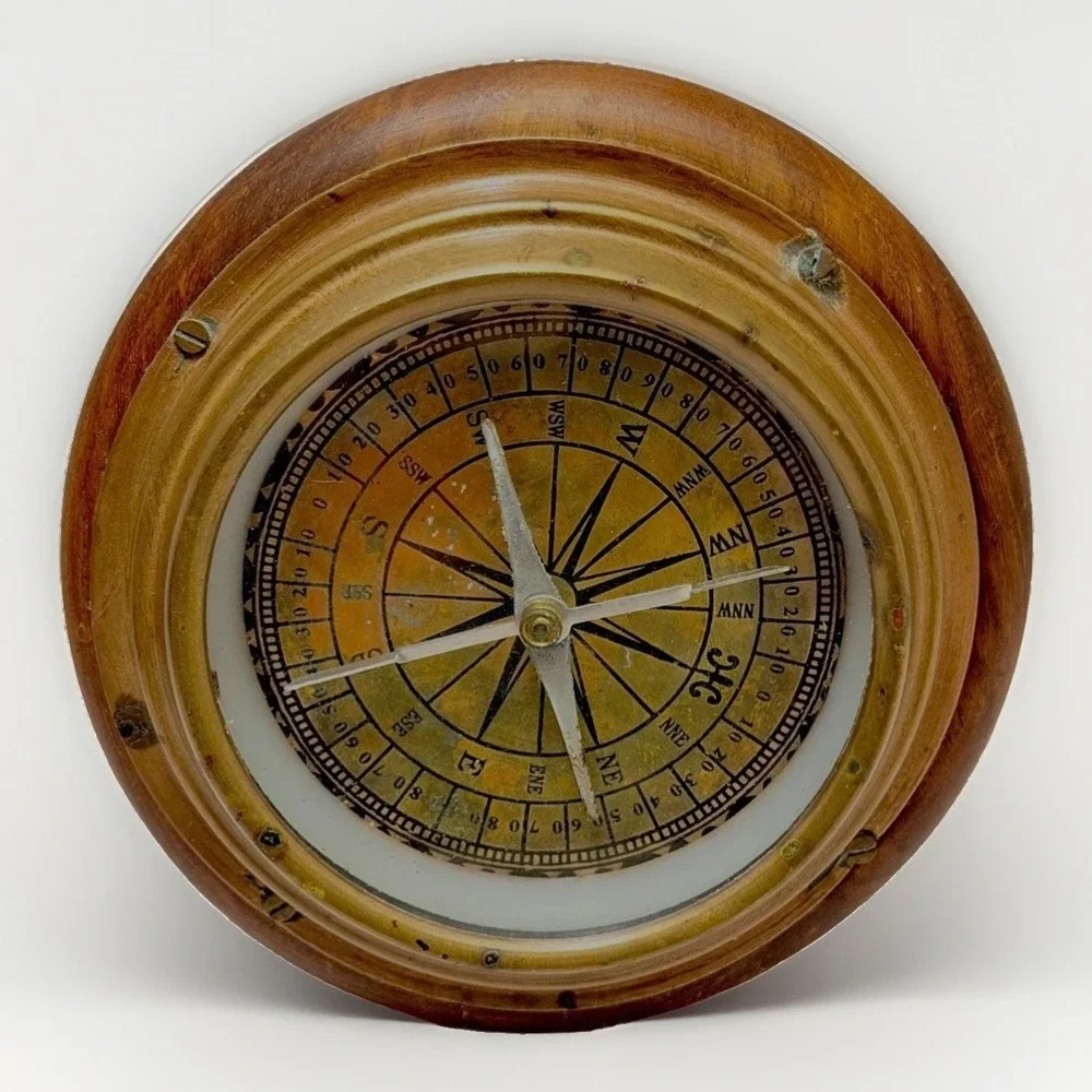 Antique Nautical Compass Wood Copper Coastal Nautical Ship Maritime Desk Staging